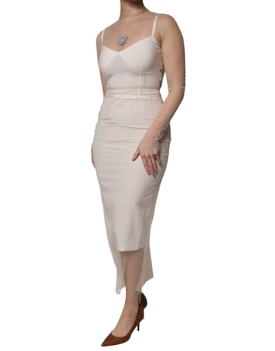Dolce &amp; Gabbana Witte Doorschijnende Tule Bustier Bodycon Midi-jurk