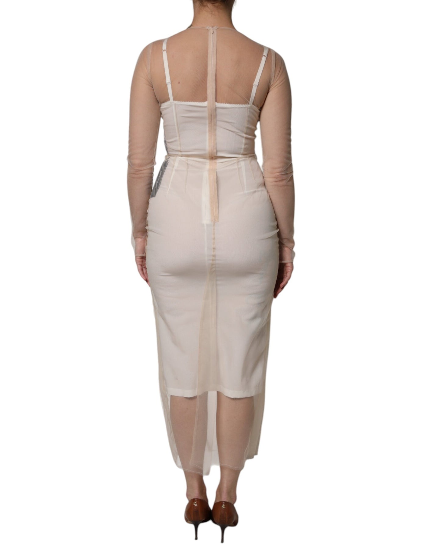 Dolce &amp; Gabbana Witte Doorschijnende Tule Bustier Bodycon Midi-jurk