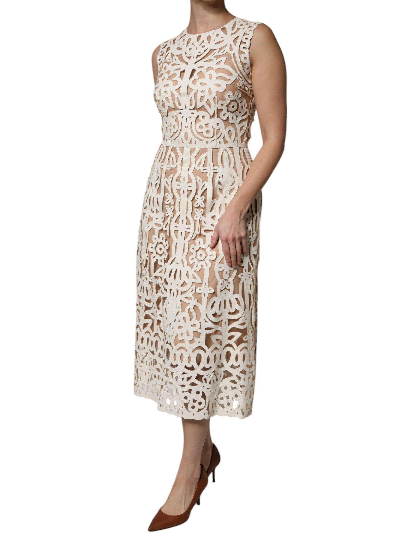 Dolce &amp; Gabbana witte, uitgesneden leren, mouwloze midi-jurk