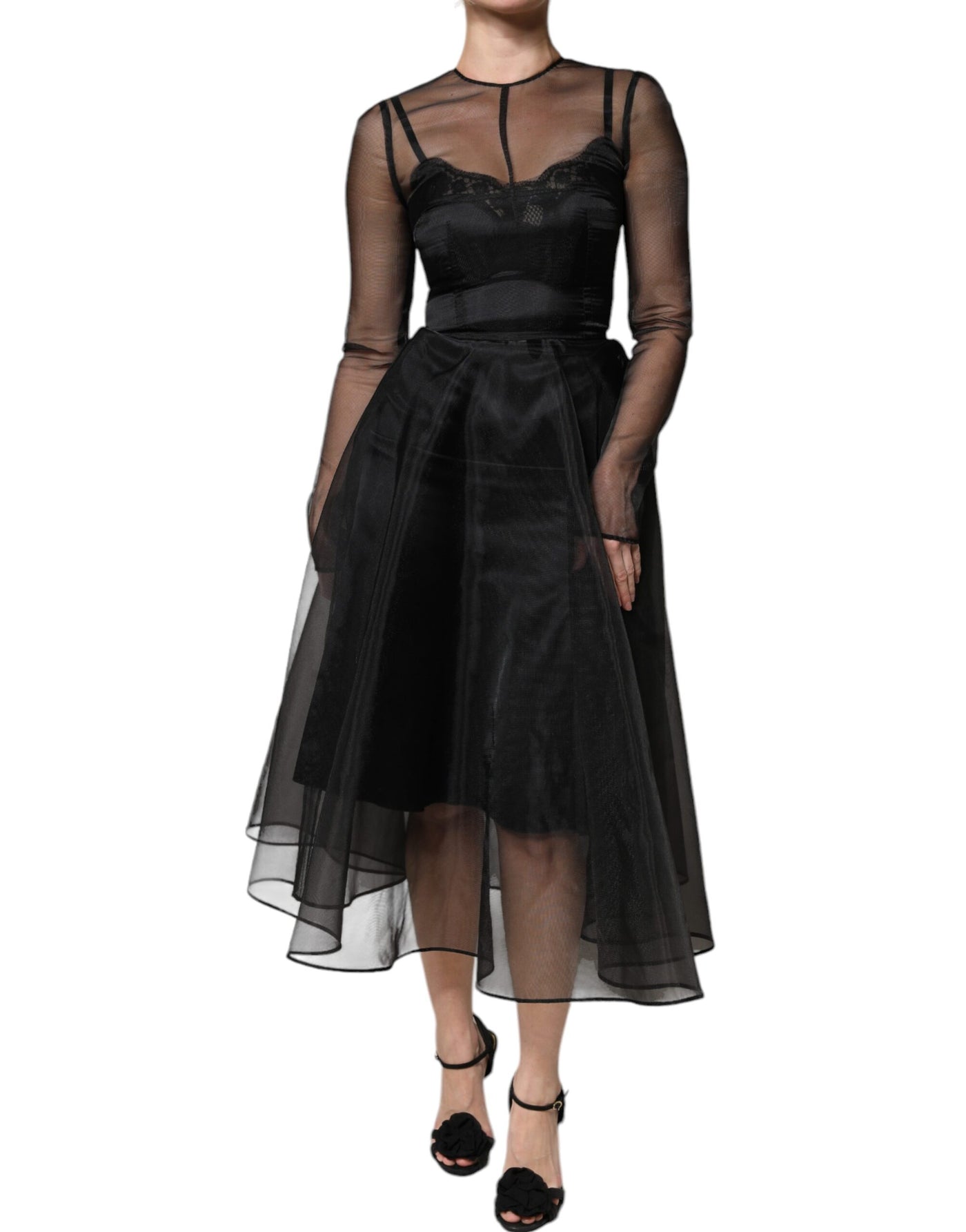 Dolce &amp; Gabbana zwarte tule A-lijn midi cocktailjurk