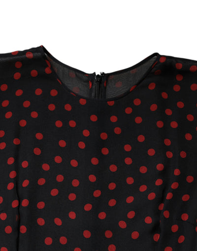Dolce &amp; Gabbana zwarte, rode, gelaagde zijden midi-jurk met stippen