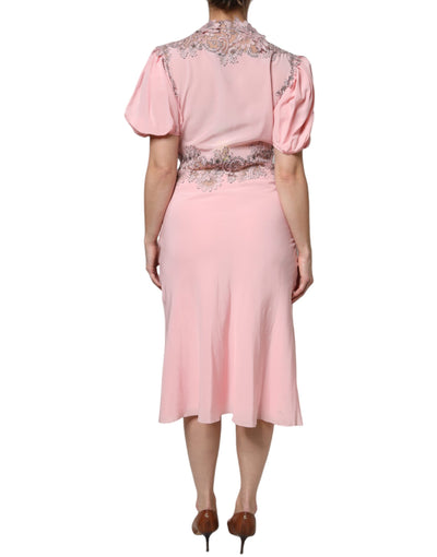 Ermanno Scervino roze bloemenkant korte mouwen V-hals midi-jurk