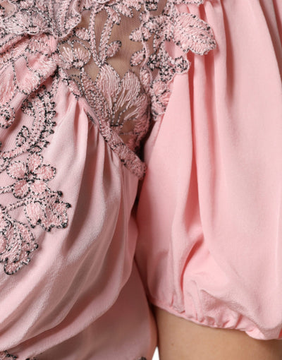 Ermanno Scervino roze bloemenkant korte mouwen V-hals midi-jurk