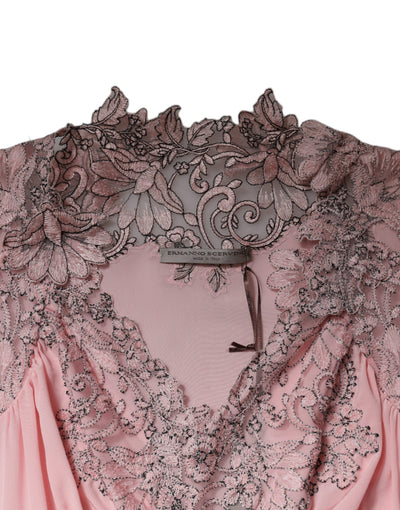 Ermanno Scervino roze bloemenkant korte mouwen V-hals midi-jurk