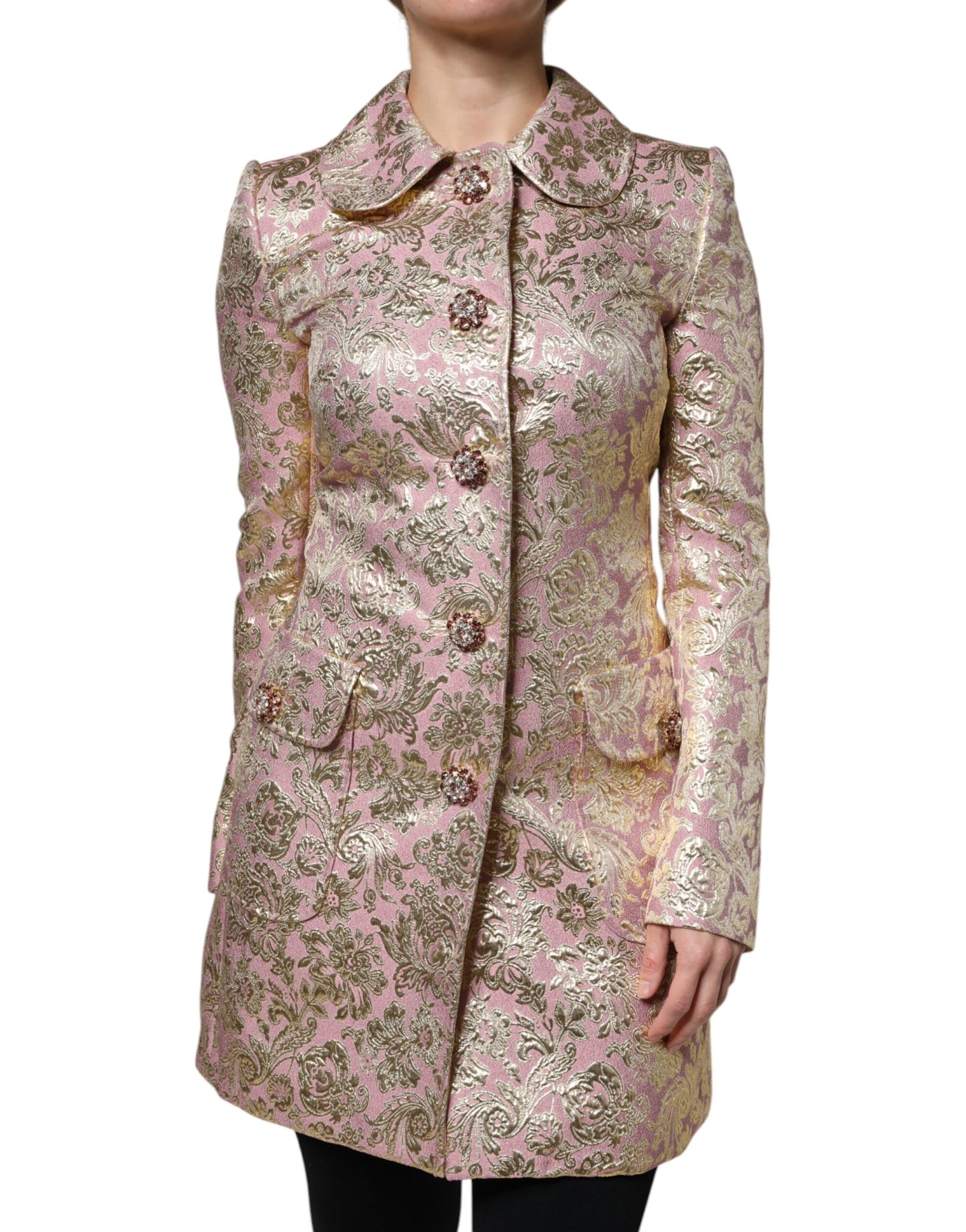 Veste-manteau en jacquard doré rose métallisé avec boutons en forme de joyaux de Dolce &amp; Gabbana