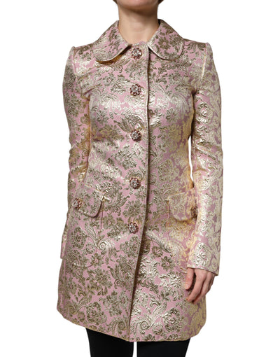 Veste-manteau en jacquard doré rose métallisé avec boutons en forme de joyaux de Dolce &amp; Gabbana