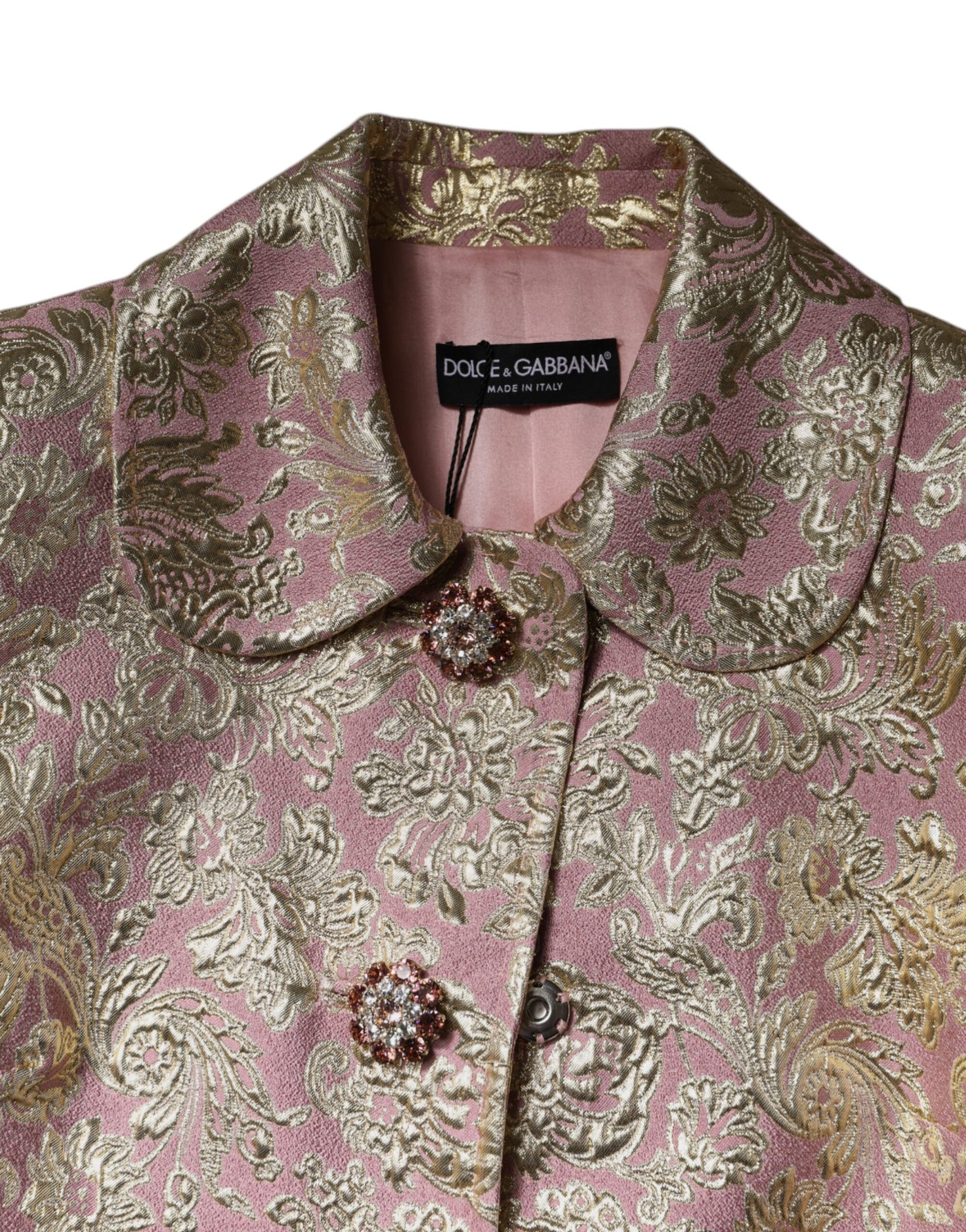 Veste-manteau en jacquard doré rose métallisé avec boutons en forme de joyaux de Dolce &amp; Gabbana