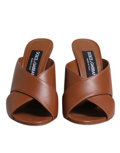 Dolce & Gabbana Brown Logo KEIRA Leather Slides Sandals Shoes