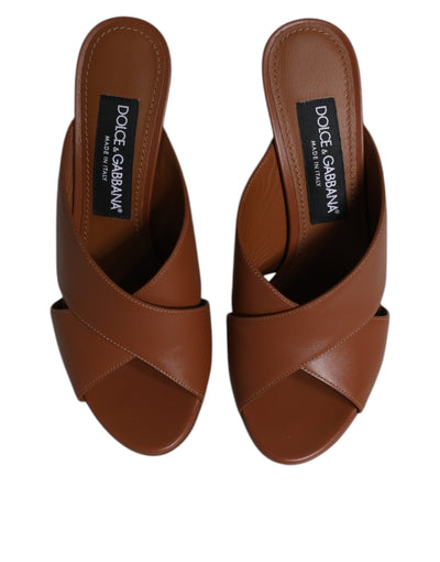 Dolce & Gabbana Brown Logo KEIRA Leather Slides Sandals Shoes