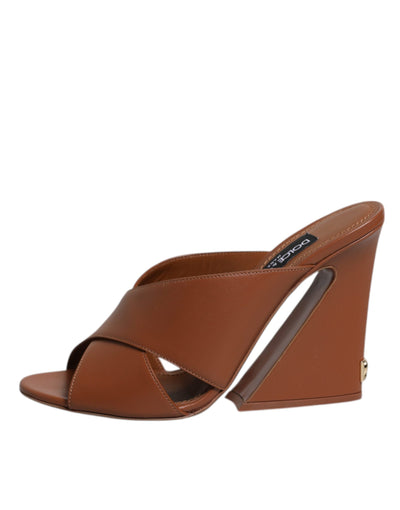 Dolce & Gabbana Brown Logo KEIRA Leather Slides Sandals Shoes