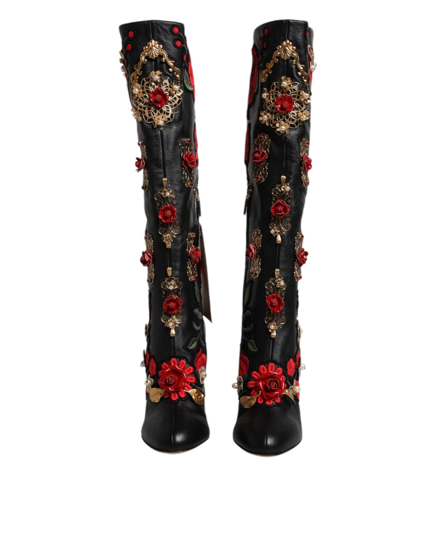 Dolce &amp; Gabbana - Bottines à talons en cuir ornées de roses noires