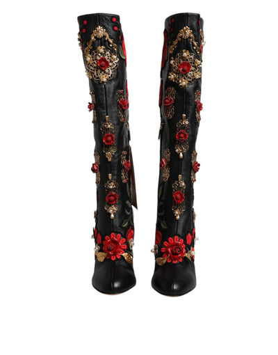 Dolce &amp; Gabbana - Bottines à talons en cuir ornées de roses noires