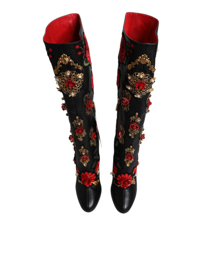 Dolce &amp; Gabbana - Bottines à talons en cuir ornées de roses noires