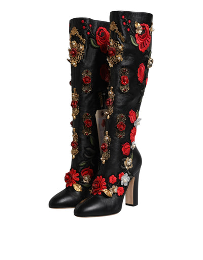 Dolce &amp; Gabbana - Bottines à talons en cuir ornées de roses noires