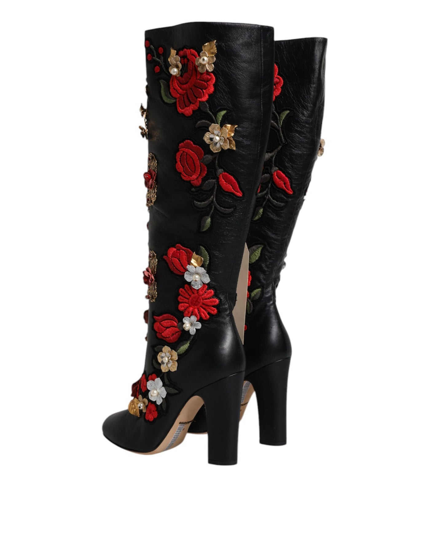 Dolce &amp; Gabbana - Bottines à talons en cuir ornées de roses noires