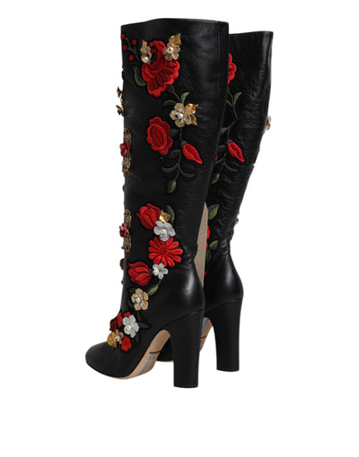 Dolce &amp; Gabbana - Bottines à talons en cuir ornées de roses noires