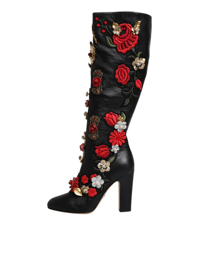 Dolce &amp; Gabbana - Bottines à talons en cuir ornées de roses noires