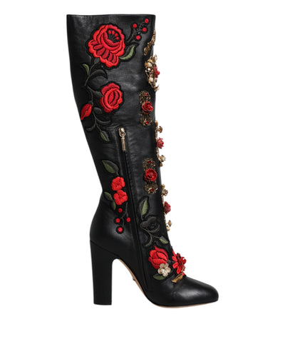 Dolce &amp; Gabbana - Bottines à talons en cuir ornées de roses noires