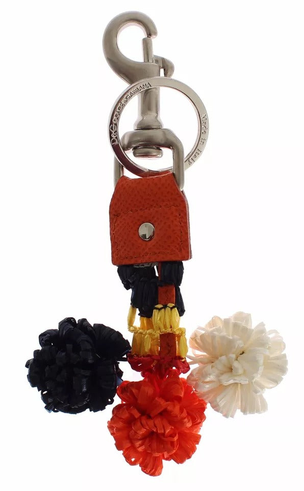 Dolce &amp; Gabbana zilverbruine raffia leren sluiting sleutelhanger