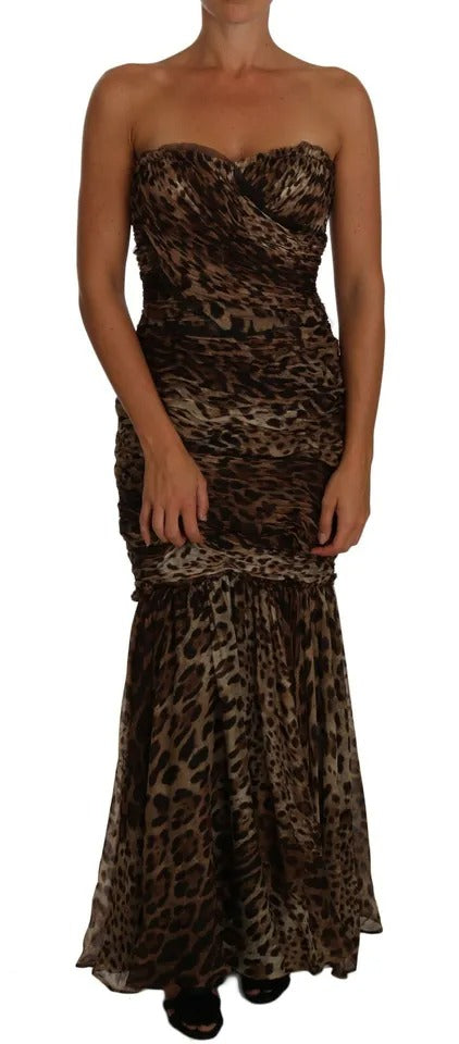 Dolce &amp; Gabbana Bruine Luipaard Zijden Chiffon Gerimpelde Zeemeermin Maxi-jurk