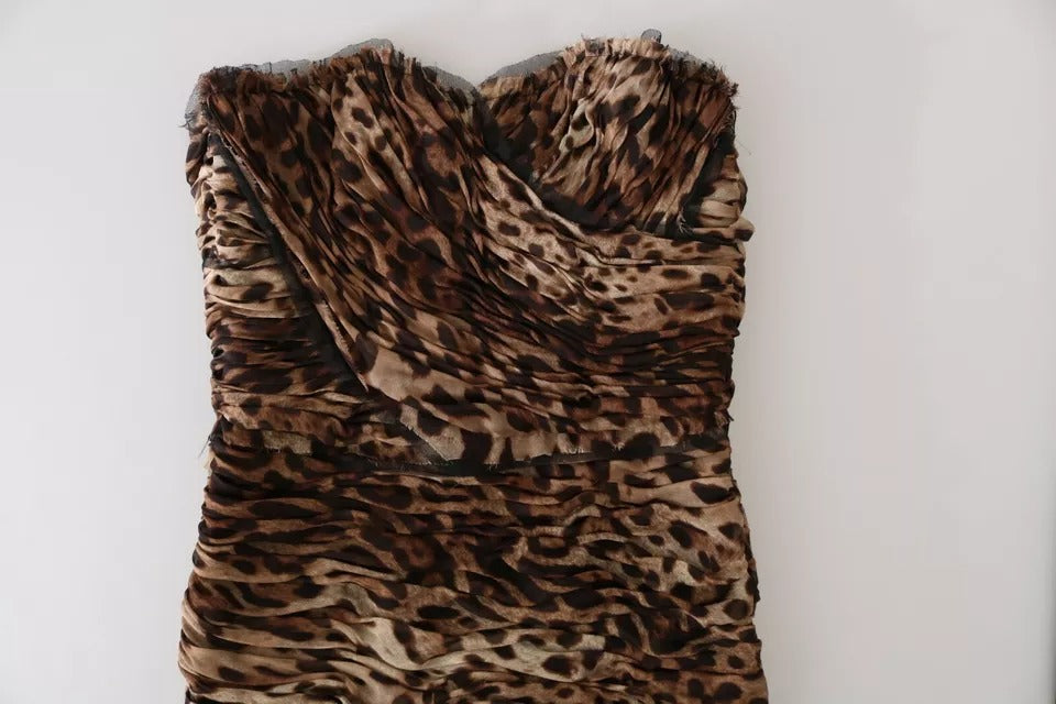 Dolce &amp; Gabbana Bruine Luipaard Zijden Chiffon Gerimpelde Zeemeermin Maxi-jurk