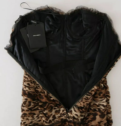 Dolce &amp; Gabbana Bruine Luipaard Zijden Chiffon Gerimpelde Zeemeermin Maxi-jurk