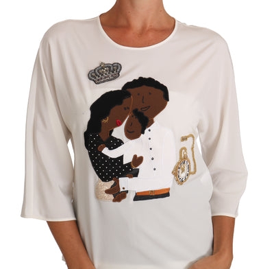 Dolce &amp; Gabbana Witte Zijden #dgfamily Kristallen T-shirt