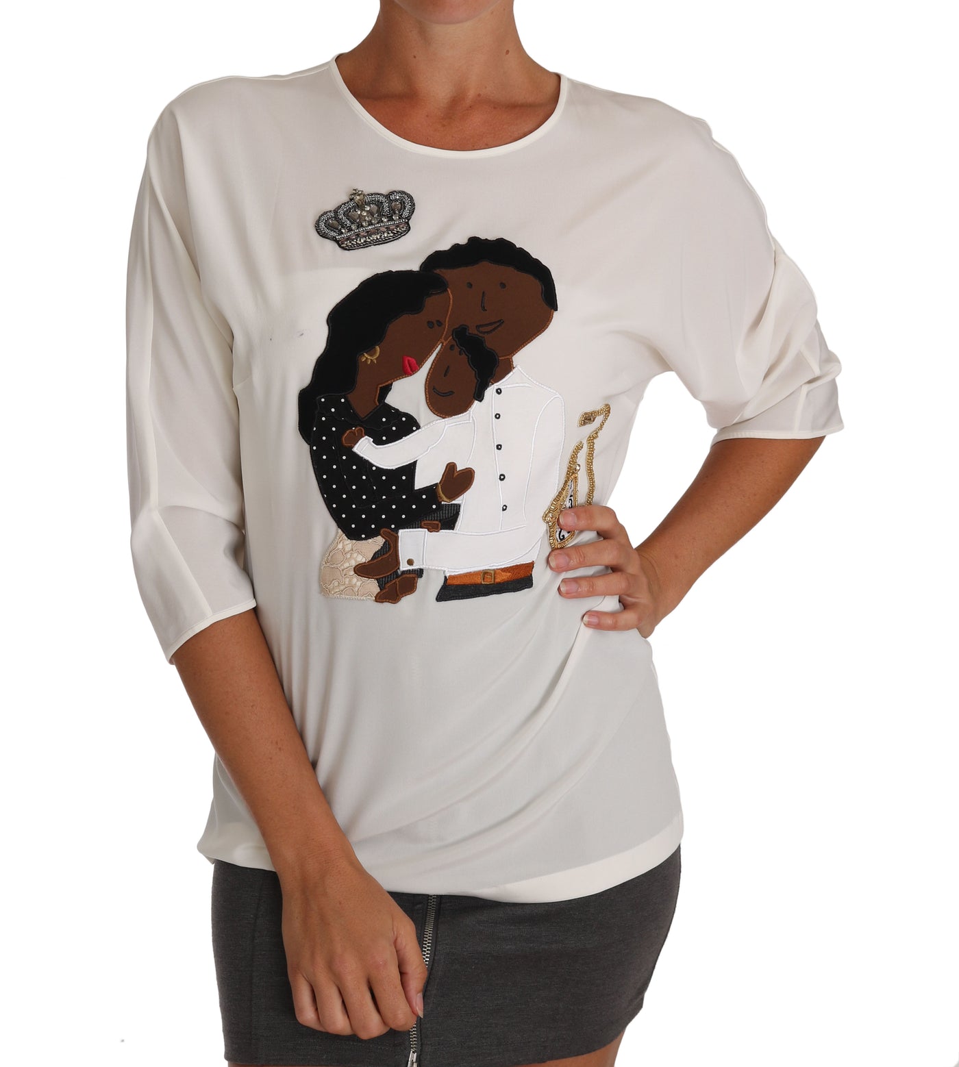 Dolce &amp; Gabbana Witte Zijden #dgfamily Kristallen T-shirt