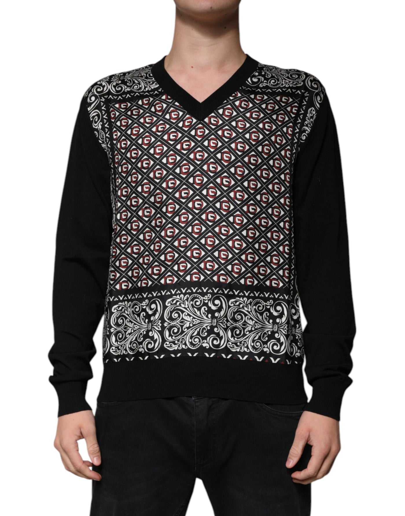 Pull col V en laine à logo noir Dolce &amp; Gabbana