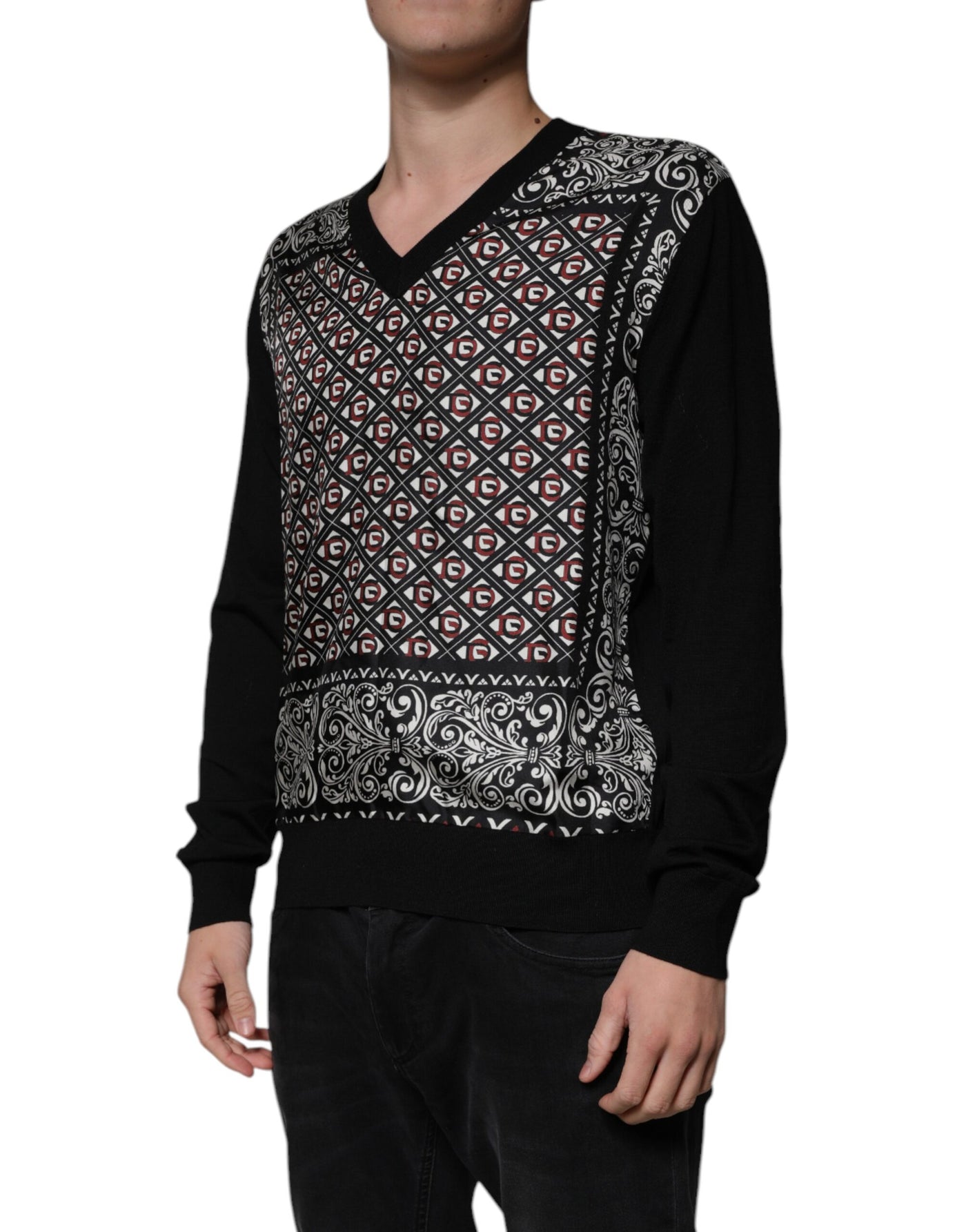 Pull col V en laine à logo noir Dolce &amp; Gabbana