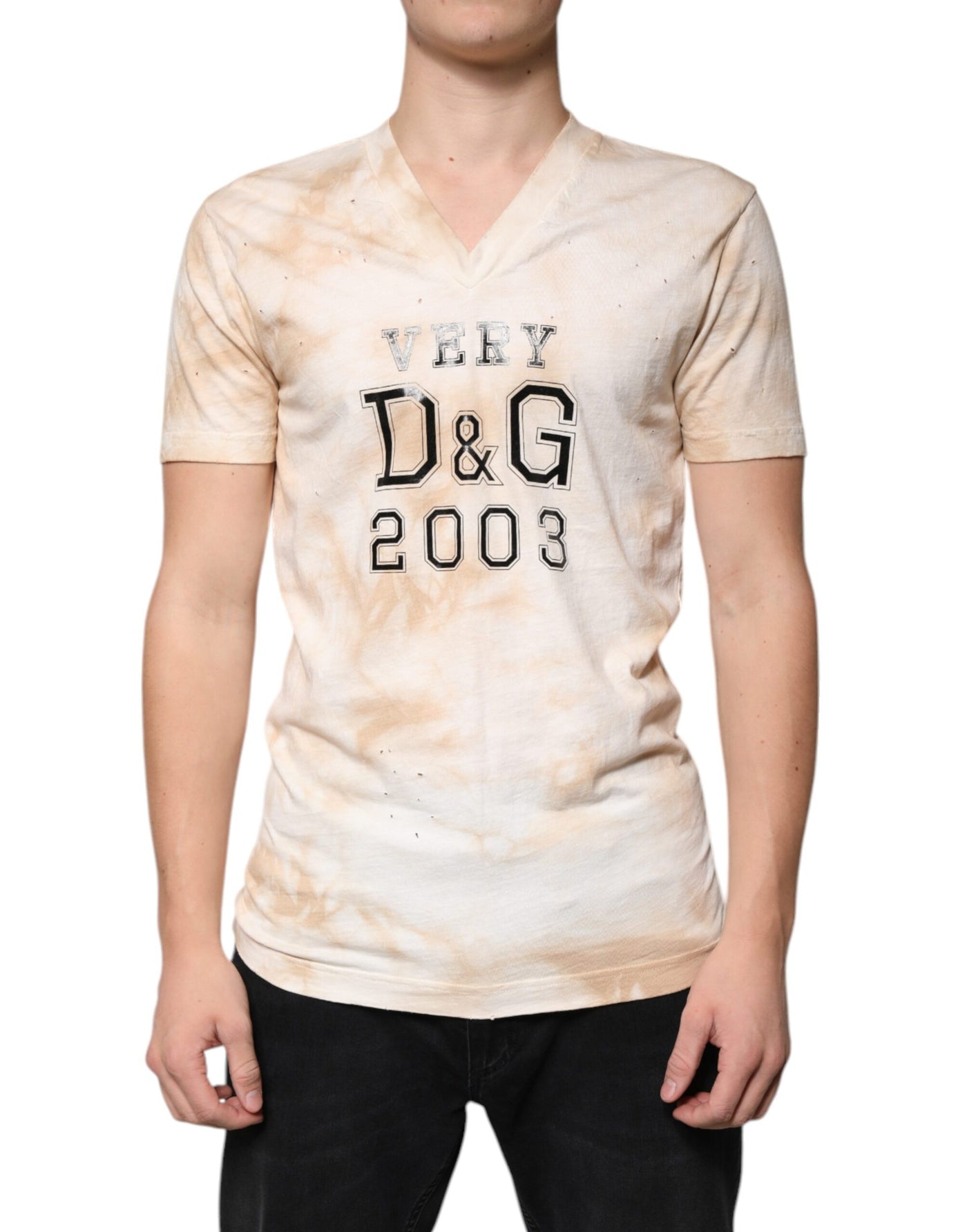 T-shirt col V en coton beige à imprimé graphique Dolce &amp; Gabbana