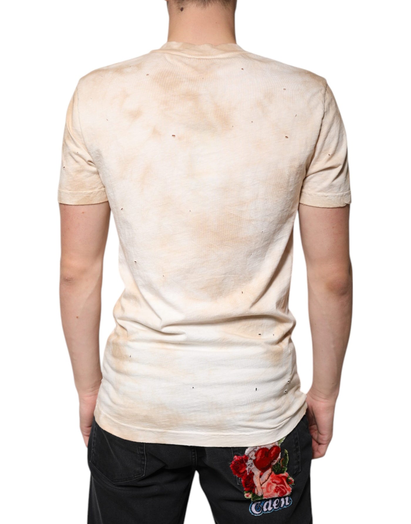 T-shirt col V en coton beige à imprimé graphique Dolce &amp; Gabbana