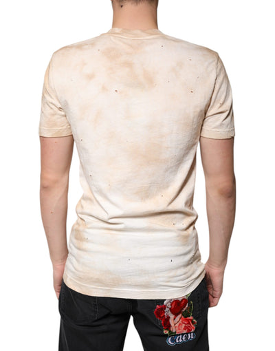 T-shirt col V en coton beige à imprimé graphique Dolce &amp; Gabbana
