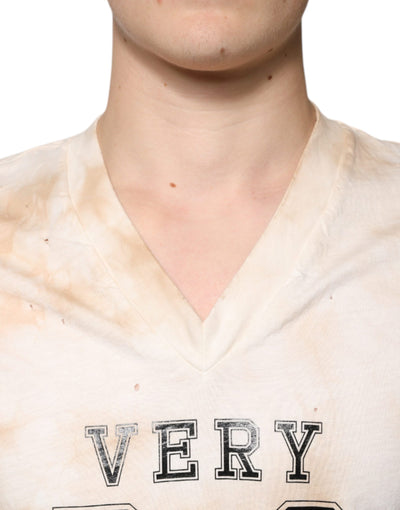 T-shirt col V en coton beige à imprimé graphique Dolce &amp; Gabbana