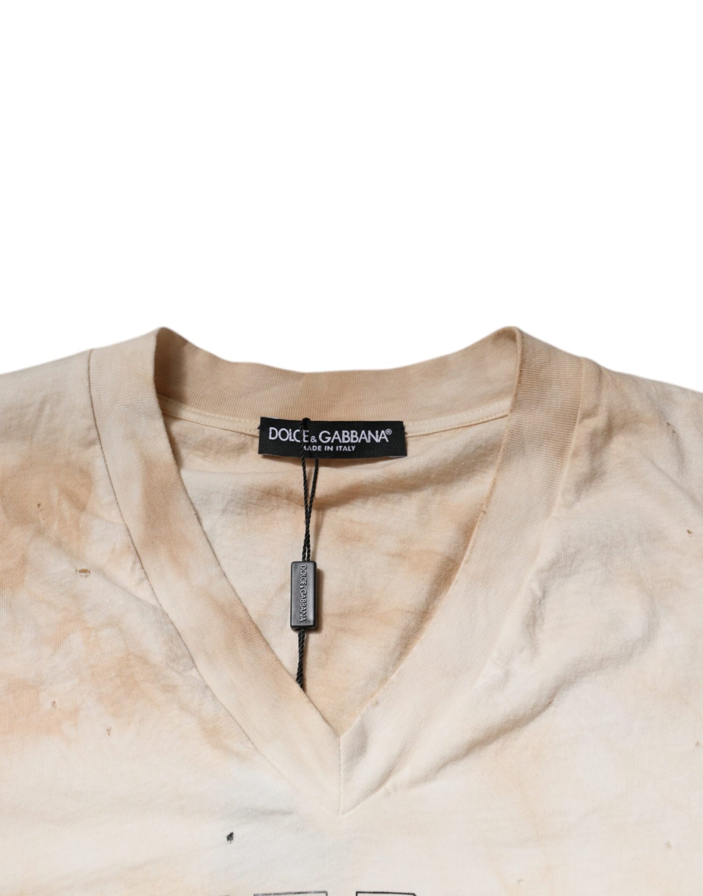 T-shirt col V en coton beige à imprimé graphique Dolce &amp; Gabbana
