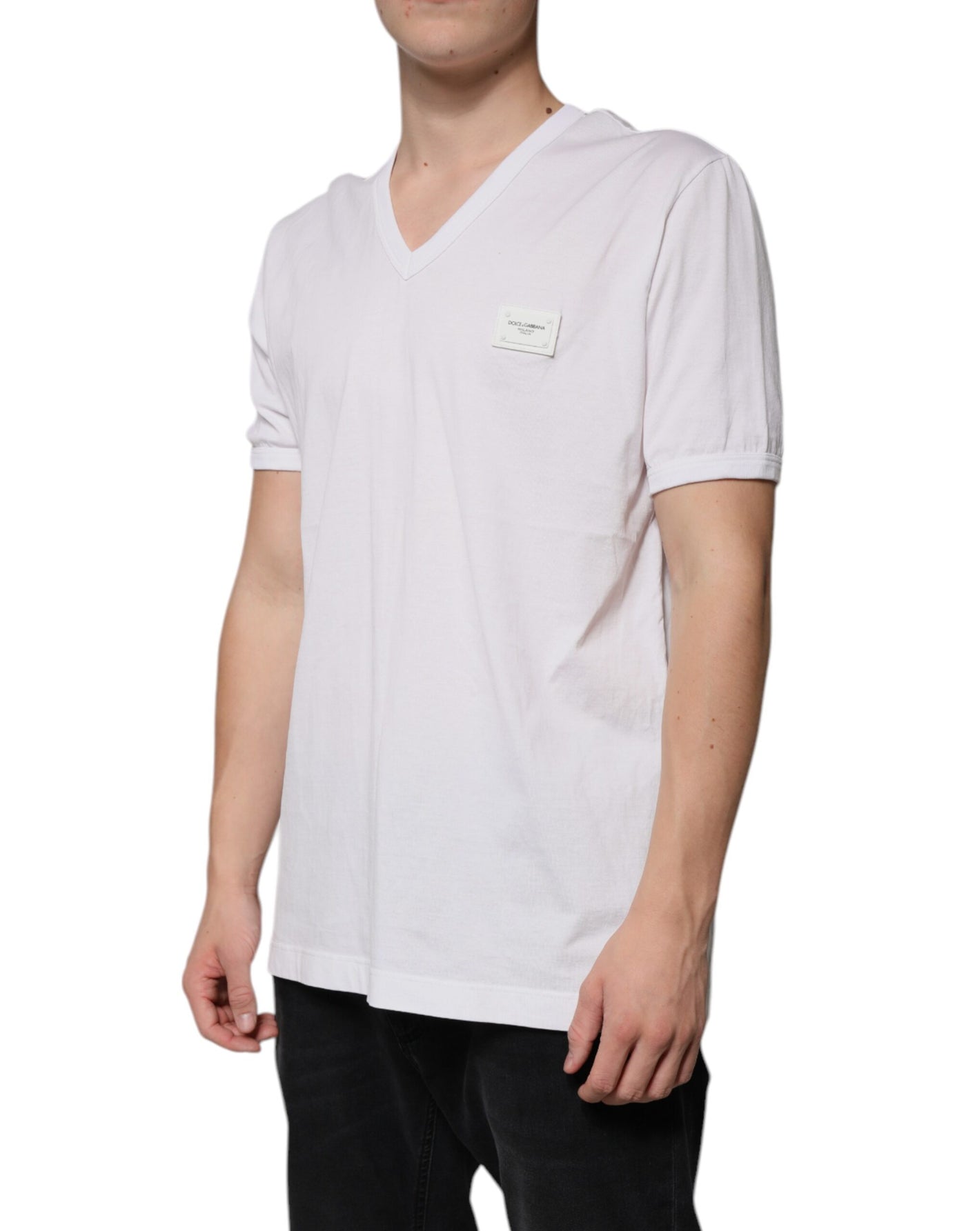T-shirt à manches courtes et col en V avec logo blanc Dolce &amp; Gabbana