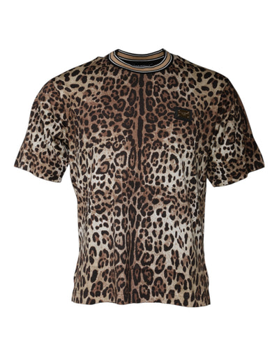 T-shirt ras du cou à manches courtes et imprimé léopard marron Dolce &amp; Gabbana