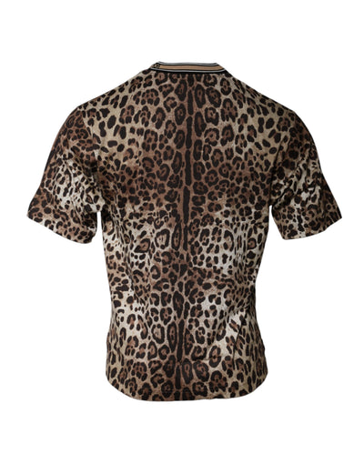 T-shirt ras du cou à manches courtes et imprimé léopard marron Dolce &amp; Gabbana