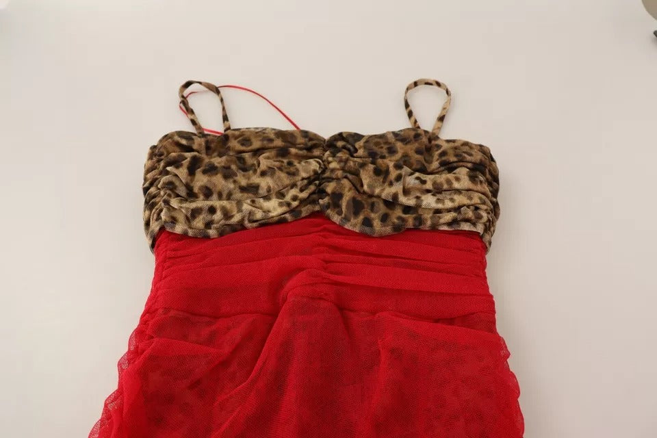 Dolce &amp; Gabbana Bruine Luipaard Rode Tule Schede Midi-jurk