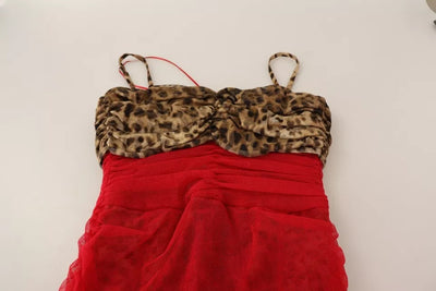 Dolce &amp; Gabbana Bruine Luipaard Rode Tule Schede Midi-jurk