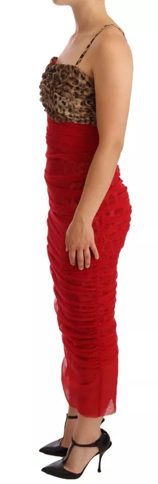 Dolce &amp; Gabbana Bruine Luipaard Rode Tule Schede Midi-jurk