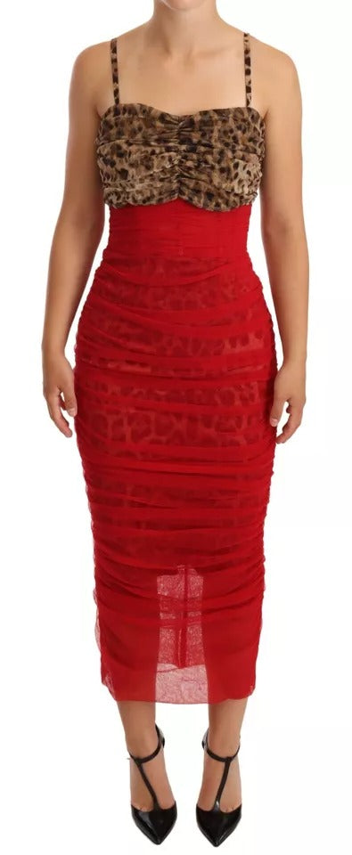 Dolce &amp; Gabbana Bruine Luipaard Rode Tule Schede Midi-jurk
