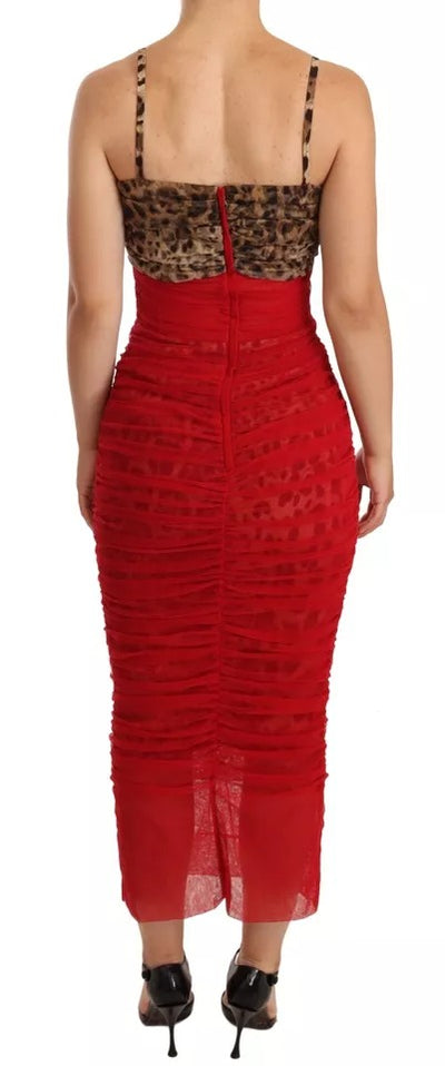 Dolce &amp; Gabbana Bruine Luipaard Rode Tule Schede Midi-jurk
