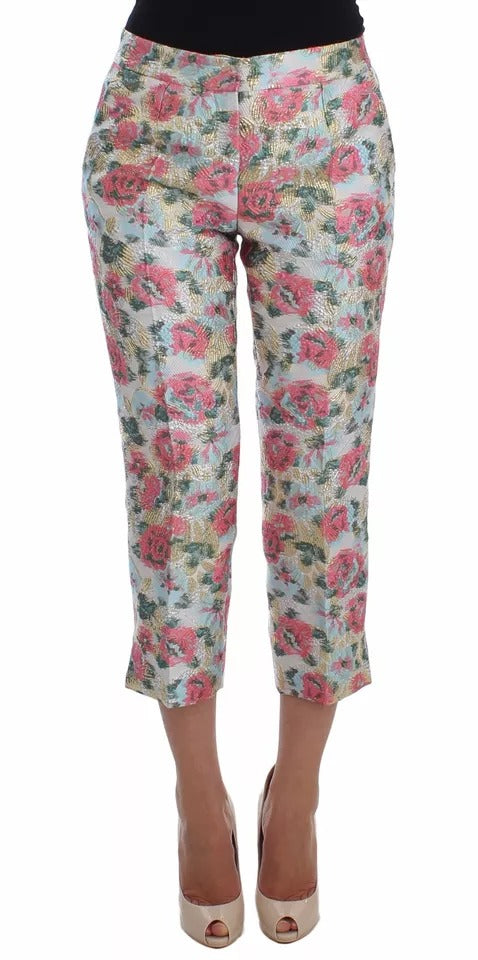 Pantalon en brocart fleuri blanc et rose Dolce &amp; Gabbana