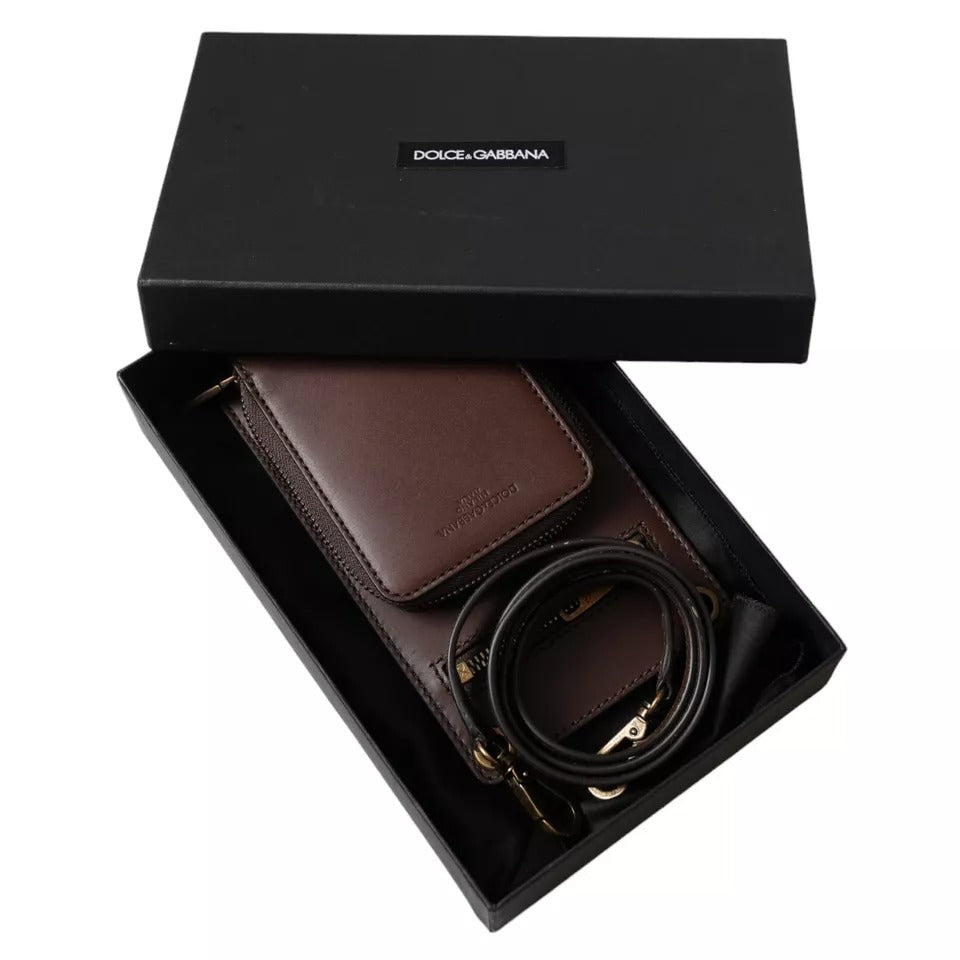 Dolce &amp; Gabbana Bruine Kalfsleren Portemonnee met Ritssluiting en Logo Schouderband