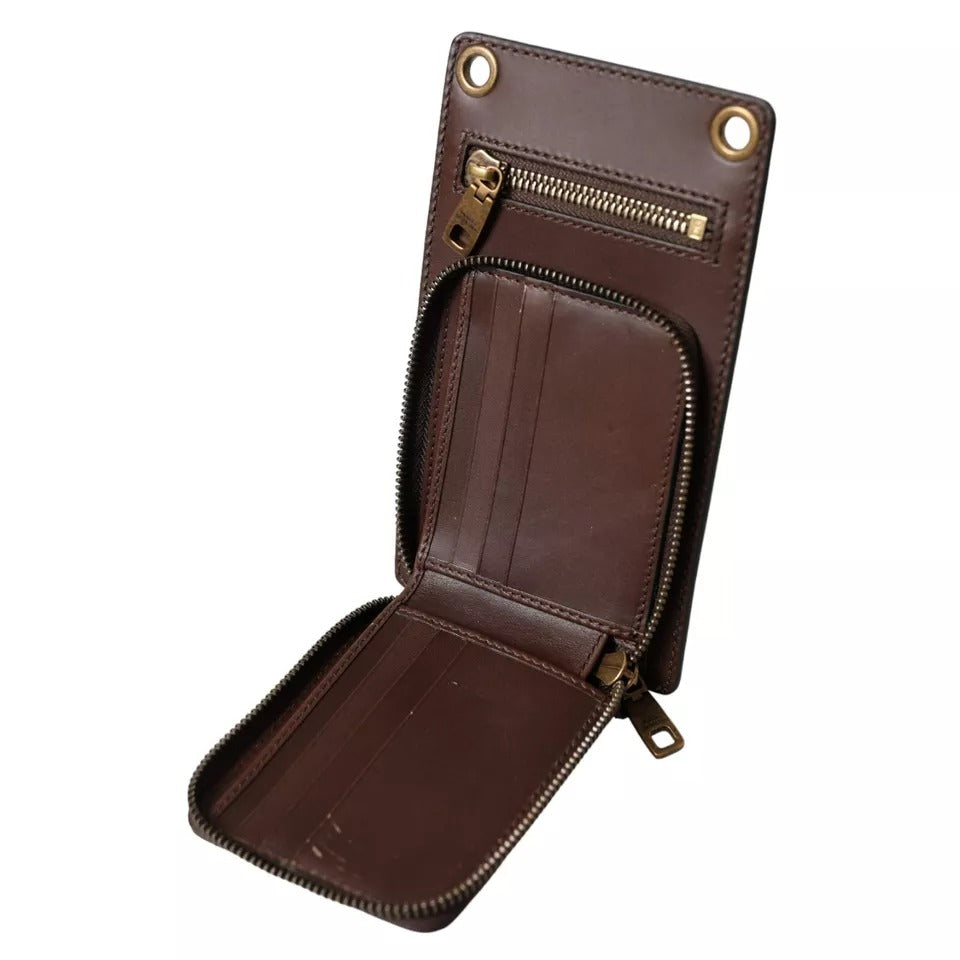 Dolce &amp; Gabbana Bruine Kalfsleren Portemonnee met Ritssluiting en Logo Schouderband
