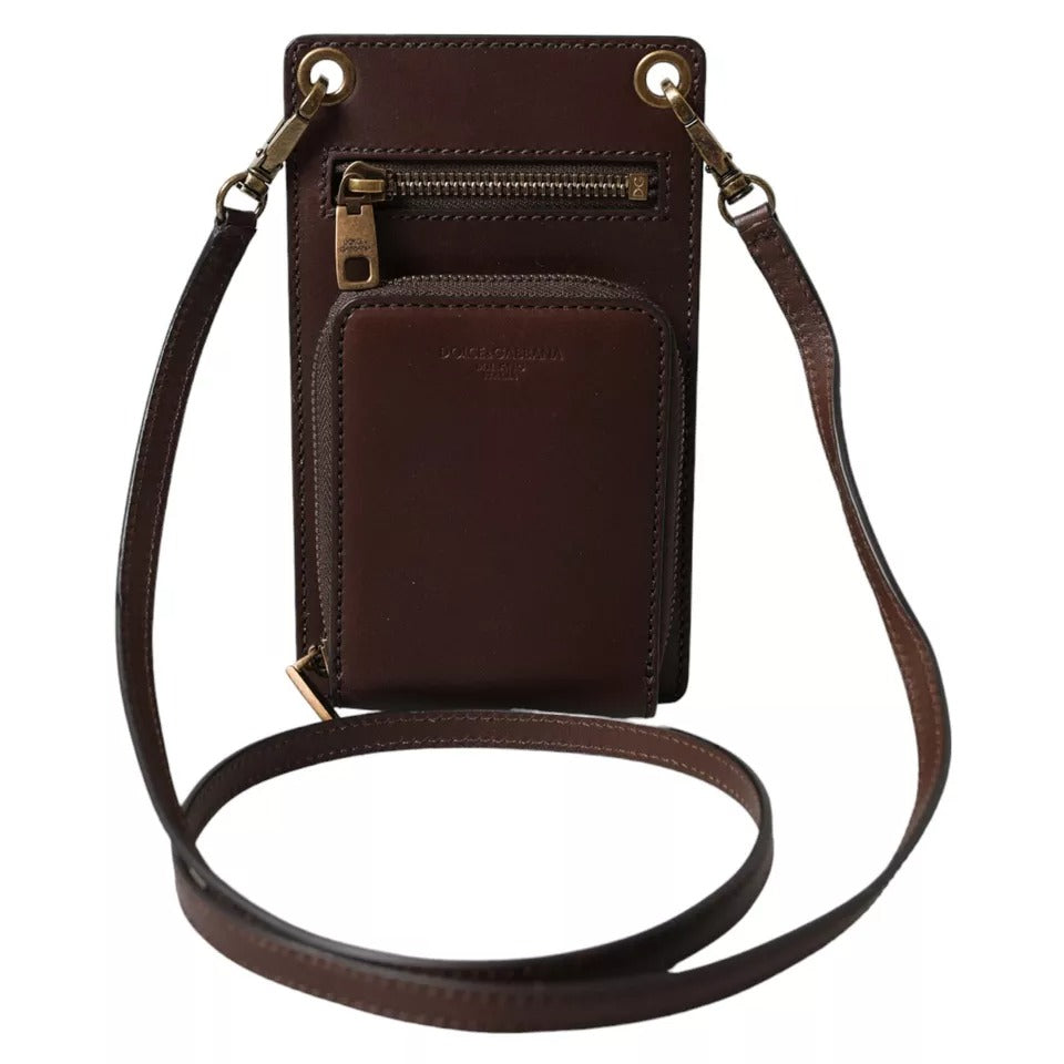 Dolce &amp; Gabbana Bruine Kalfsleren Portemonnee met Ritssluiting en Logo Schouderband