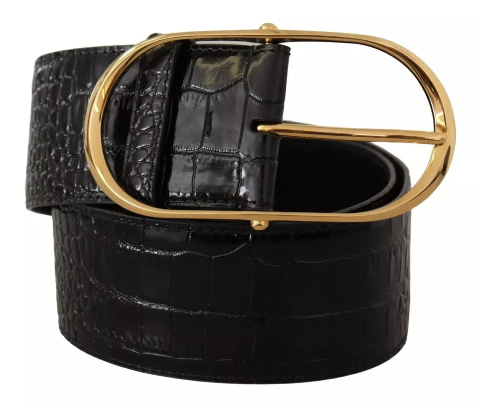 Dolce &amp; Gabbana Zwarte Brede Leren Riem met Gouden Metalen Gesp en Embossing