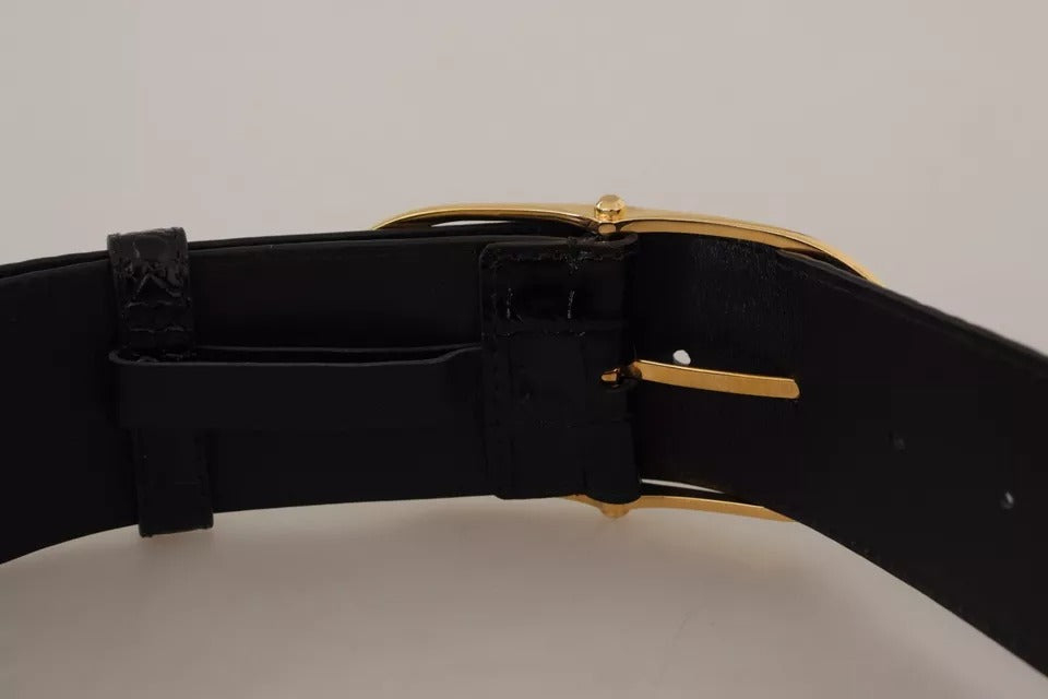 Dolce &amp; Gabbana Zwarte Brede Leren Riem met Gouden Metalen Gesp en Embossing