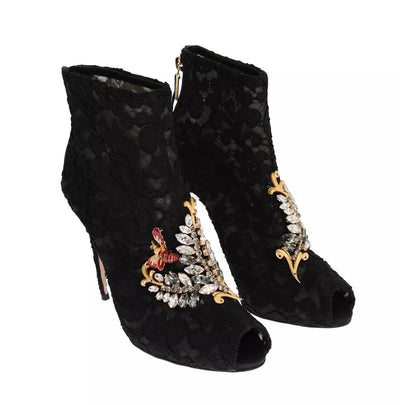 Bottines à talons aiguilles en dentelle et cristaux noirs Dolce &amp; Gabbana